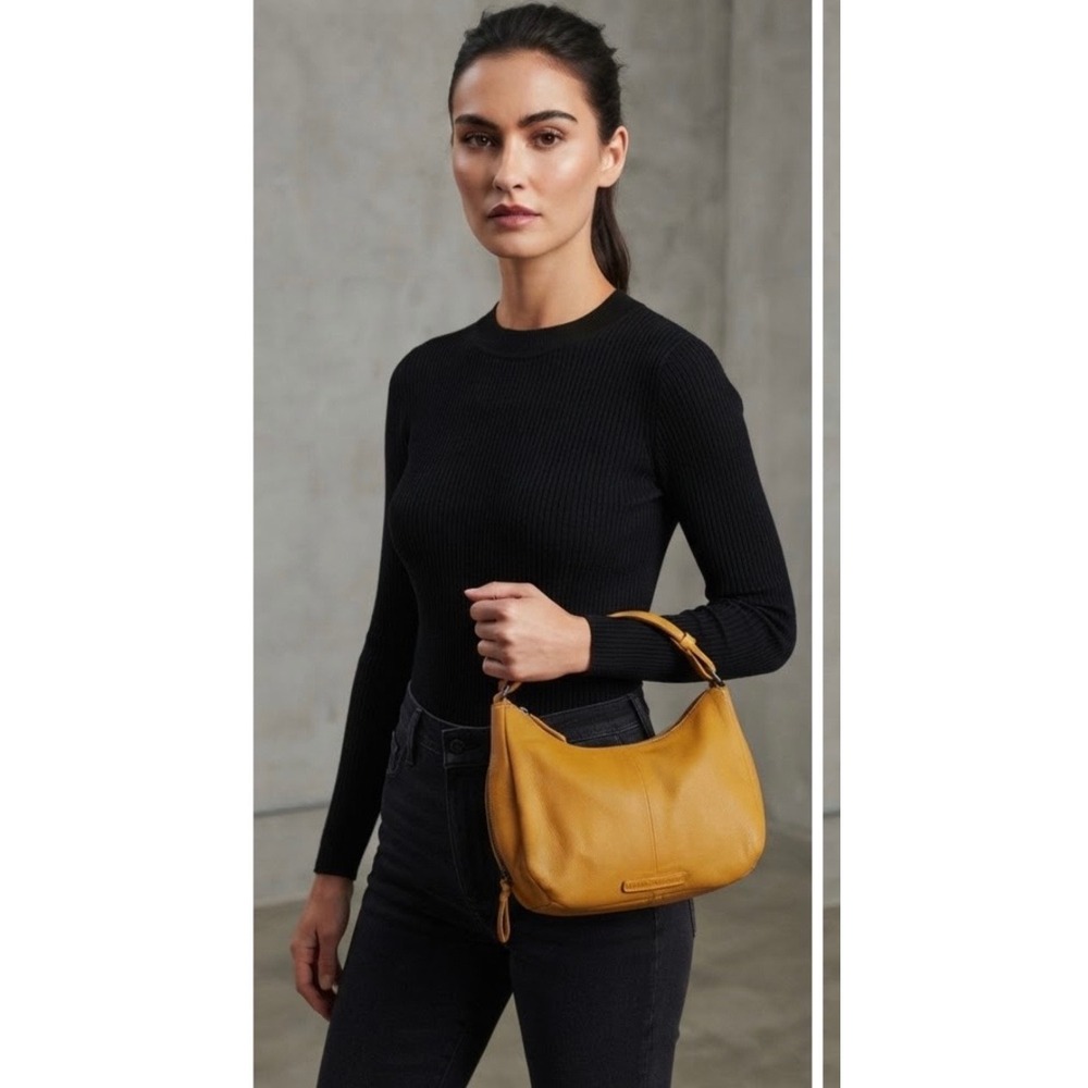 Lucky Brand Mustard Yellow Leather Hobo Shoulder Bag Adjustable Strap Small